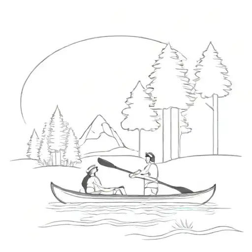 Canoe With Pine Trees Mountains Father Mother Daughter Paddling