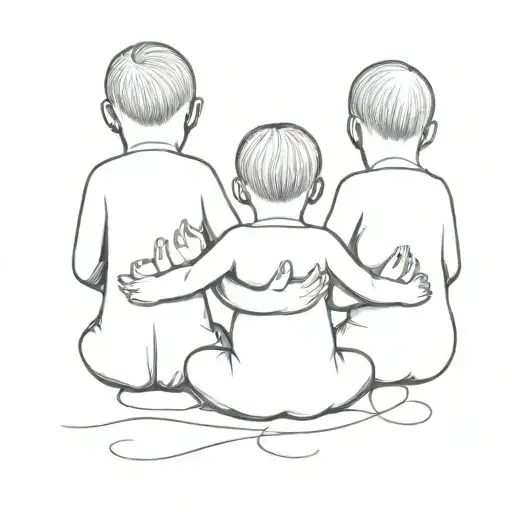 Three Babies Sitting Holding Hands Back View Black And White