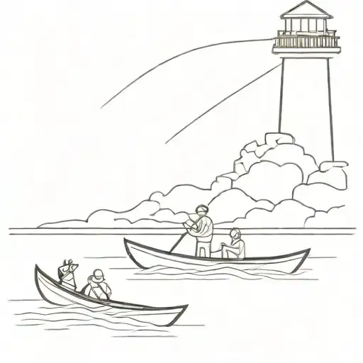 Minimalist Canoe With 3 People And Lighthouse In Background