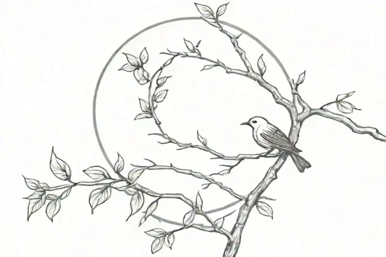 Lemon Tree Branch With Moon Bird Sitting On It And Baby Bird Flying Away