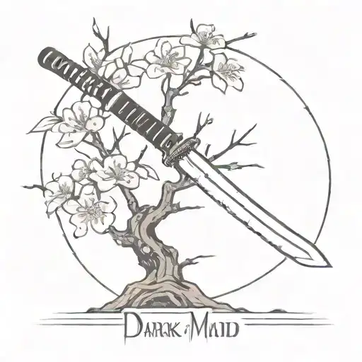 Cherry Blossom Tree With Katana Sword With The Word Dark's Maid