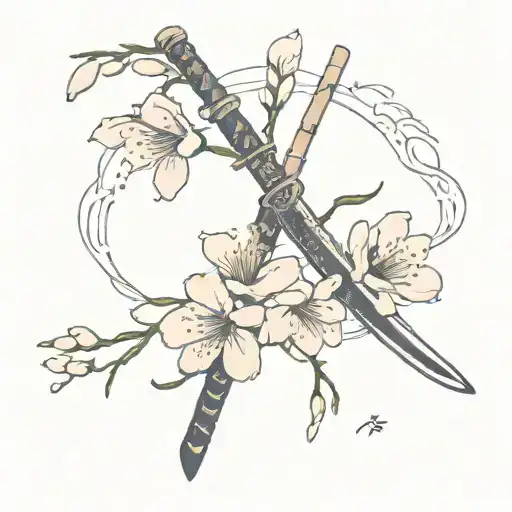 Cherry Blossom With Katanas With The Word Darks Maid Engraved On One Of The Katanas