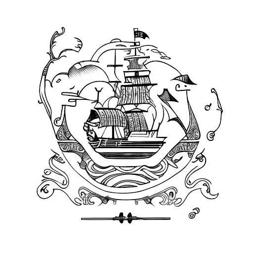 A Tattoo Of A Pirate Ship With Intricate Details