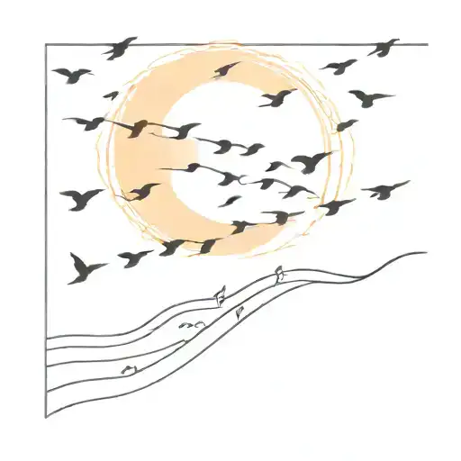 Sunset Over The Ocean With 5 Small Birds Evenly Paced Over The Sun