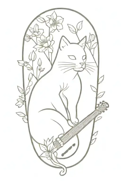 Botanic Flowers Blooming Around A Cat Playing Musical Instruments