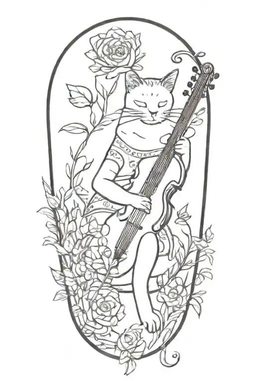 Botanic Flowers Blooming Around A Cat Playing Musical Instruments