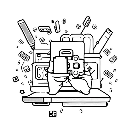 A Minimalist Tattoo Of An Open Book With Pixelated Video Game Characters Emerging From Its Pages