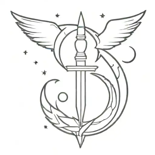 A Dagger With A Half Wing And A Crescent Moon As Background