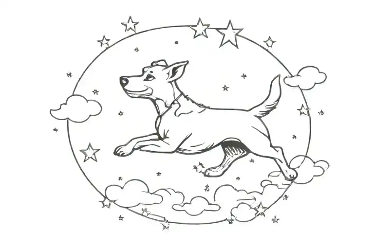 A Dog Running Through Clouds And Stars