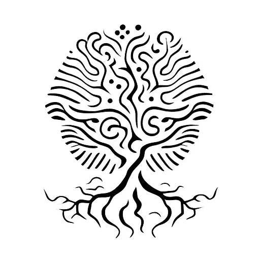A Dotwork Tattoo Of A Tree With Roots That Form The Shape Of A Brain