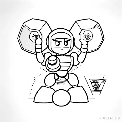 A Futuristic Megaman Character Holding A Coffee Mug With A Gym Dumbbell In The Other Hand