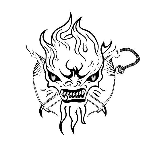 Flaming Demon On A Leash Holding A Torch