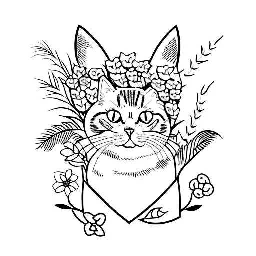 A Minimalist Tattoo Of A Cat Surrounded By Flowers And Plants