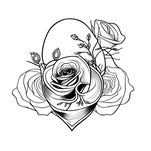 Fine Line Anatomical Heart With Simple Roses And Honey Suckle Covering The Left Side Of The Heart