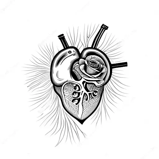 Anatomical Heart With Simple Rose And Honey Suckle Covering The Left Side Of The Heart