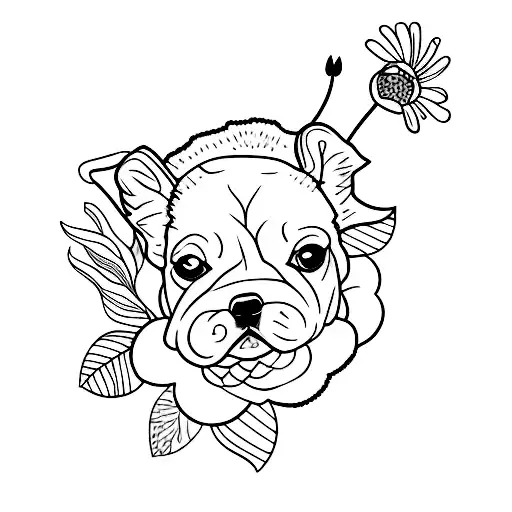 A Minimalist Tattoo Of A Dog And Flower