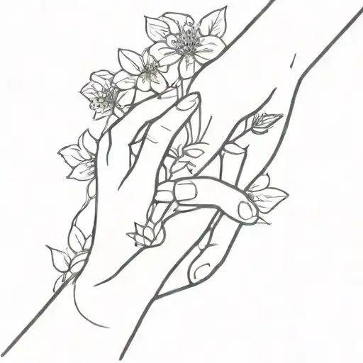 Little And Simple Tattoo Of Two Women Hands Holding Each Other With Flowers In The Background