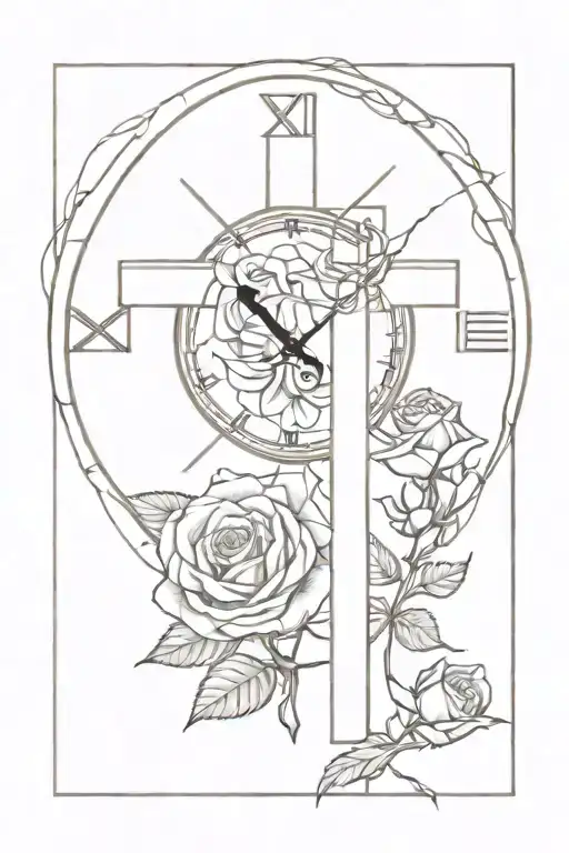 Clock Inside Jesus Cross Made Of Roses Intertwined