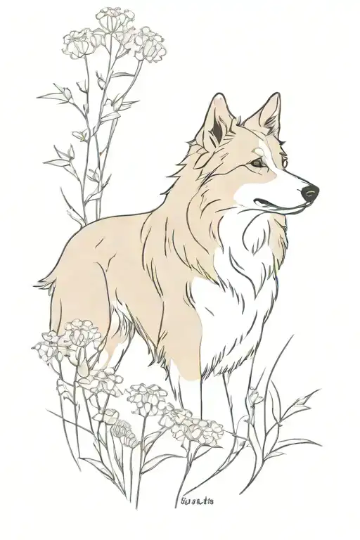 Sable Colored Old Time Scotch Collie Dog In A Field Of Wildflowers