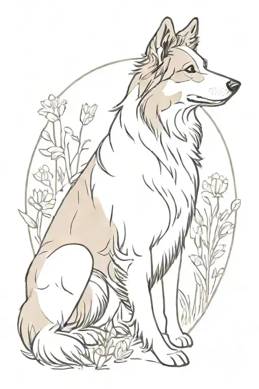 Sable Colored Floppy Eared Old Time Scotch Collie Dog In A Field Full Of Wildflowers