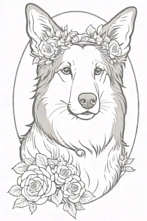 Old Time Scotch Collie With A Flower Crown In An Oval