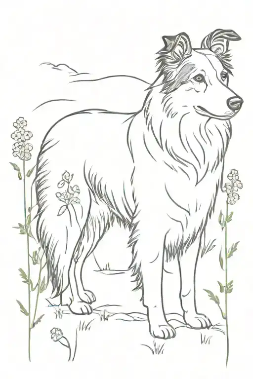 Sable Old Time Scotch Collie Dog In A Field Of Wildflowers With Pops Of Color