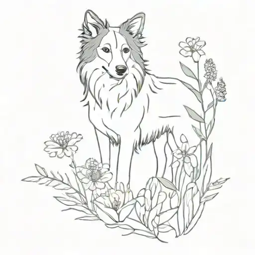 Line Tattoo Of A Colorful Wildflower Garden With The Outline Of A Scotch Collie In It