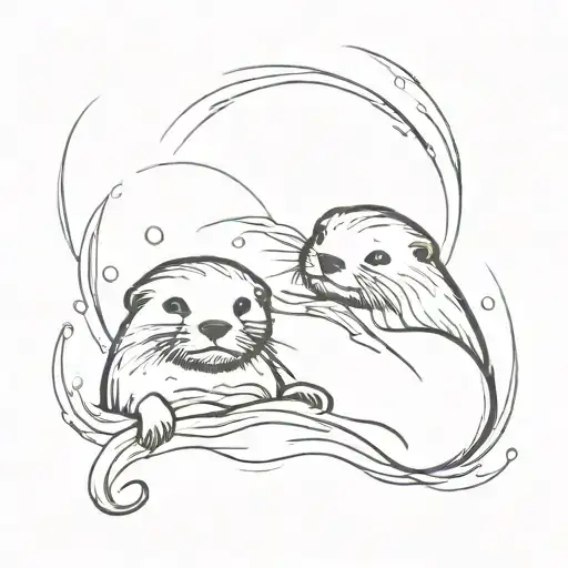 Mom And Baby Otter Swimming Together Simple