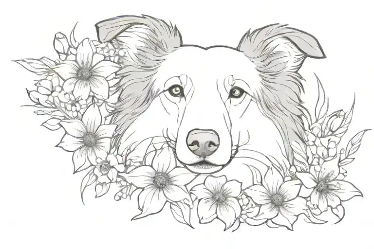 Sable Floppy Eared Scotch Collie Portrait With Flowers Surrounding