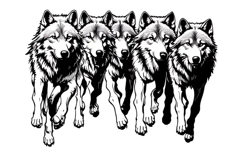 Black Silhouette Of 5 Wolves Running Alongside