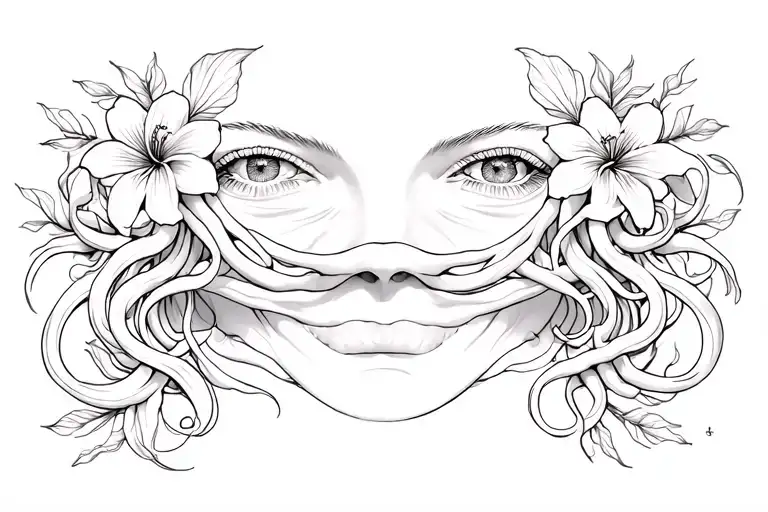 Medusa Tattoo With Mouth Covered And Lilly Flowers