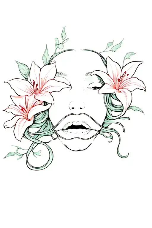Medusa Tattoo With Mouth Covered And Lilly Flowers