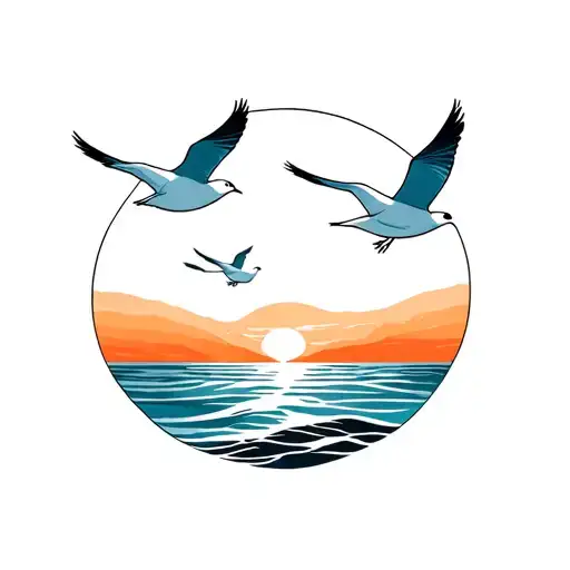 Sunset At Sea With 3 Seagulls Flying