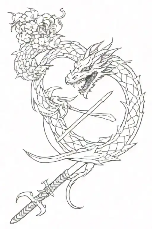 Sakura And Dragon With Katana