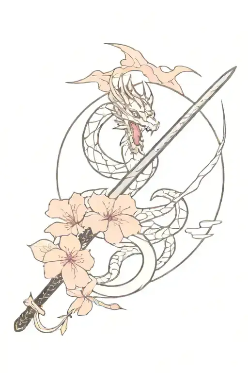 Sakura And Dragon With Katana