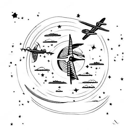 A Celestial Scene With Airplanes As Stars And Music Notes As Clouds