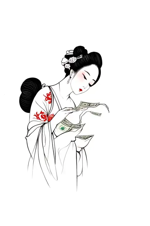 Geisha With Money Holding Sisha