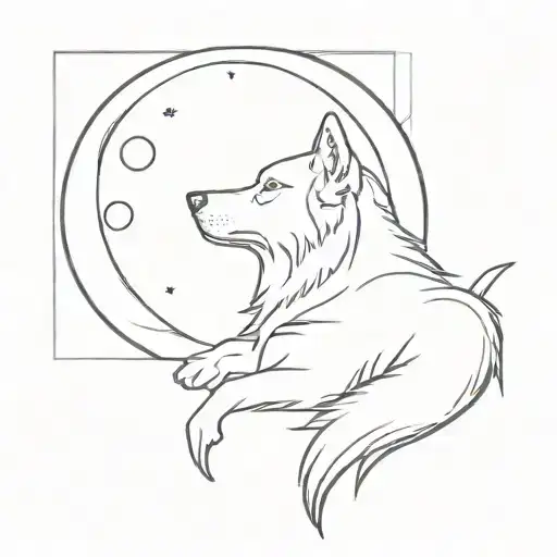 Wolf Sitting Down And Looking Up At The Moon Above Him