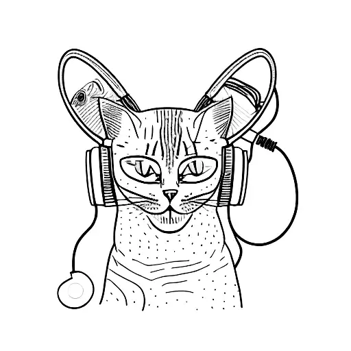 A Black-grey Portrait Of A Cat Wearing Headphones And Sitting On A Film Reel