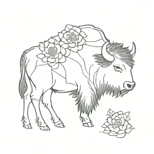 Single Line Bison Wearing A Cactus Flower
