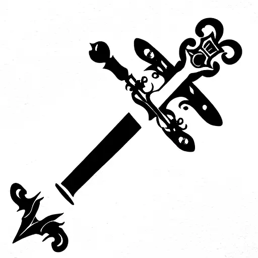Tattoo Facing Downward Of A Sword With Rosary Beads Around