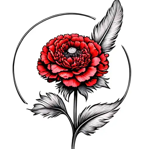 A Feather Bending Round The Stem Of A Red Carnation Flower