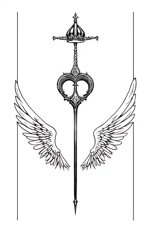 Holy Warrior Swork With A Crown Floating Above It And Wings Attached To The Handle On Either Side