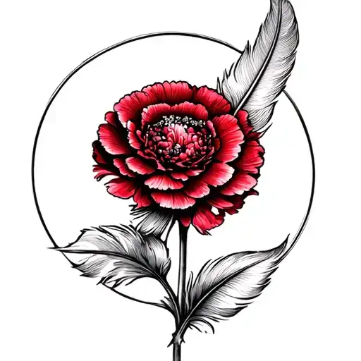 A Feather Bending Round The Stem Of A Red Carnation Flower