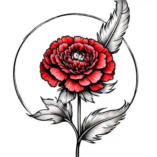 A Feather Bending Round The Stem Of A Red Carnation Flower