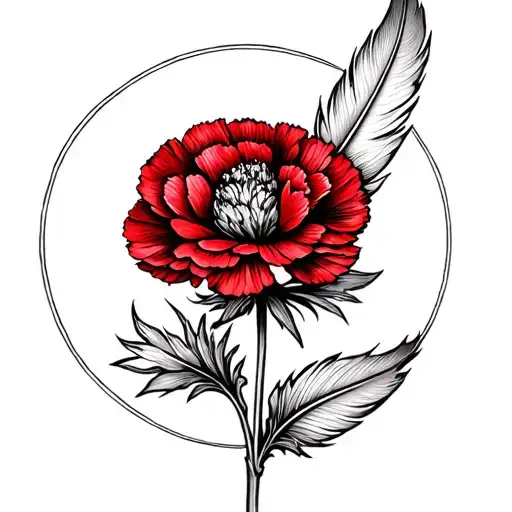 A Feather Bending Round The Stem Of A Red Carnation Flower
