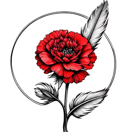 A Feather Bending Round The Stem Of A Red Carnation Flower