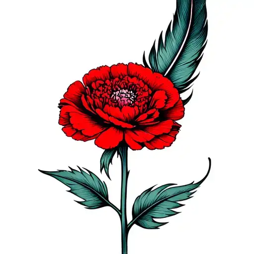 A Feather Bending Round The Stem Of A Red Carnation Flower