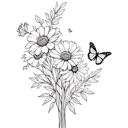 Fine Line Flower Bouquet With Birth Flower Of March October And Stepmber With Small Butterfly