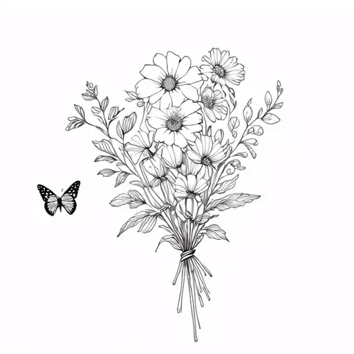 Fine Line Flower Bouquet With Birth Flower Of March And October And Stepmber With Small Butterfly